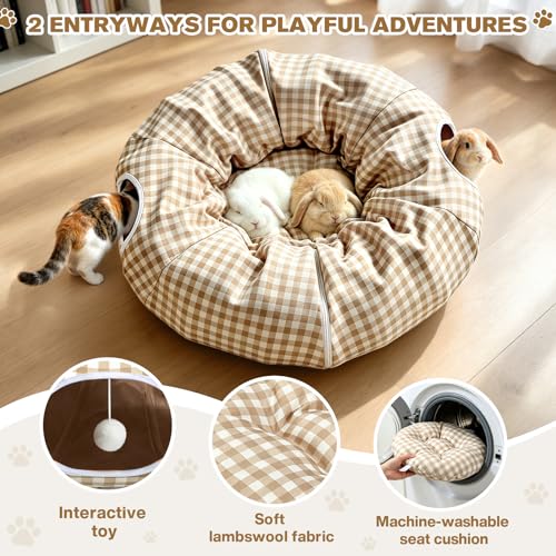 3-in-1 Bunny Tunnel Bed,Collapsible Rabbit Tunnel Toy,Portable Playground - color: YellowPlaid