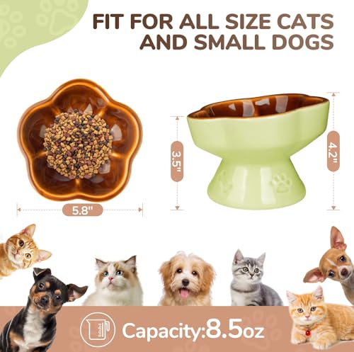 S&Q's CERAMICS Raised Cat Bowl, Elevated Cat Bowl for Food and Water, Ceramic Titled Dish, Anti Vomit & Whisker Friendly, Microwave and Dishwasher Safe (Brown, 5.8") - color: Brown