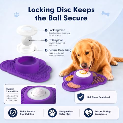 Anti-Slip Slow Feeder Dog Bowl and Lick Mat with Rolling Ball - color: Purple