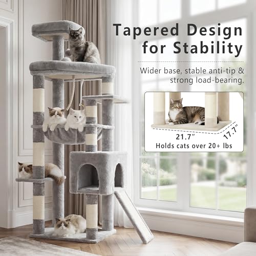 Heybly 64.2" Heavy-Duty Cat Tree for Large Cats with Wide Base HCT027W - color: Light Gray, size: 64.2 inch