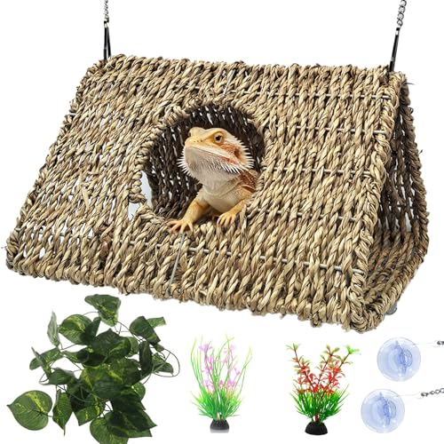 Hanging Reptile Hide Cave,Natural Seagrass Fiber Bearded Dragon Hammock Hideout,Reptile Shelter Sleeping Cave Swing Climbing Toys Terrarium Decor for Lizard Gecko Hermit Crabs(Triangle L) - size: Triangle L:9.84*7.09*5.91"