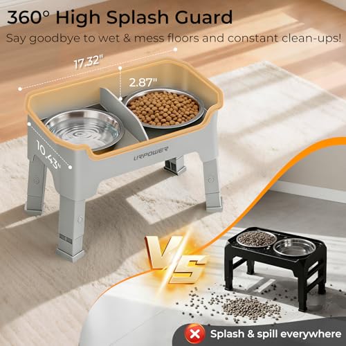 URPOWER Mess Proof Elevated Dog Bowls, Splash Guard Raised Bowl Stand - color: Light Grey, size: Medium