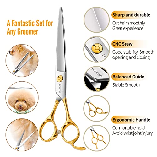 Professional 7.5" Dog Grooming Scissors Kit 4pcs, JP 440C Stainless Steel Curved Blender Straight Chunker Shears for Dog Cat and Pets (7.5 in Kit, Gold) - size: 7.5 inch, style: Kit