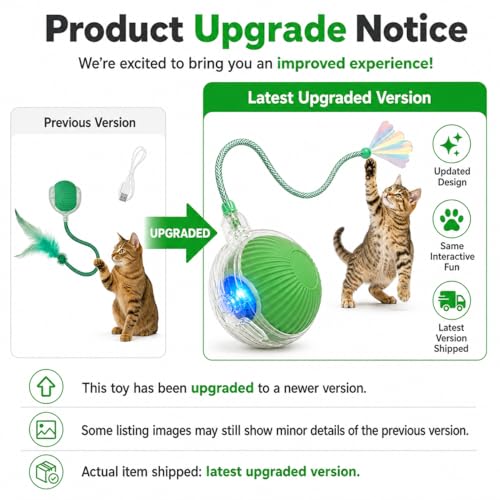 Interactive Cat Toy Ball with LED Lights – USB-C Rechargeable Automatic Cat Toy with Feather Tail for Indoor Cats & Kittens, Upgraded Version - color: Green ball