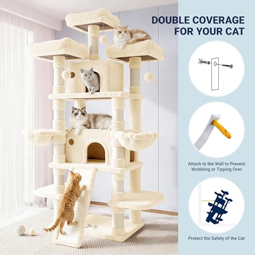 Allewie 82 Inches Large Cat Tree/House/XXL Tall Cat Towers for Big Feline/Scratching Post/Multi-Level Large Kitty Climbing Tree with Condo/Beige - color: Beige, size: 82 in