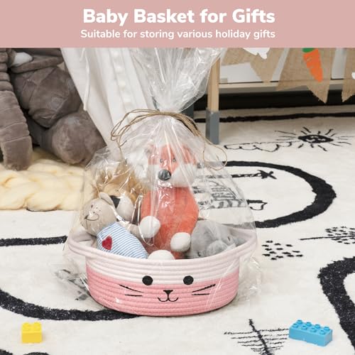 Small Woven Rope Cat Toy Basket with Cat Face Design, White Pink - color: White & Pink, size: 9.8"W x 4"H