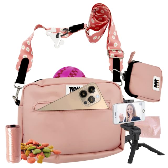 Hands-Free Dog Walking Crossbody for Training, Treat Pouch, Built-in Poop Bag Dispenser, Used Bag Hook & Bonus Tripod (Pink) - color: Blush Pink