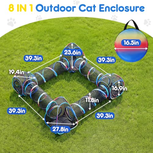 Outdoor Cat Enclosure 8-in-1 Portable Tunnels with Tent Cube Pop up Catio - size: Rainbow Black 8-in-1