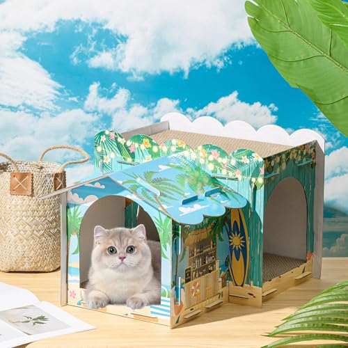 2 Story Cardboard Cat House with Scratcher Pad, 17x12x10, Hawaii - style: Hawaii
