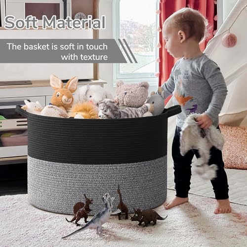 INDRESSME 115L Extra Large Woven Rope Blanket Basket Living Room Black Grey - color: Black & Grey, size: 23.6"D x 15.7"H