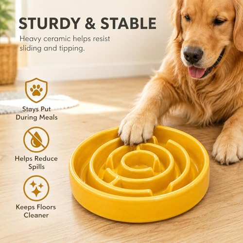 Ceramic Slow Feeder Dog Bowl,1.5 Cups Pet Slow Feeder for Small and Medium Breed,Puzzle Dog Food Dish,Anti-Gulping,Stop Bloat,Preventing Choking(Yellow) - color: Yellow