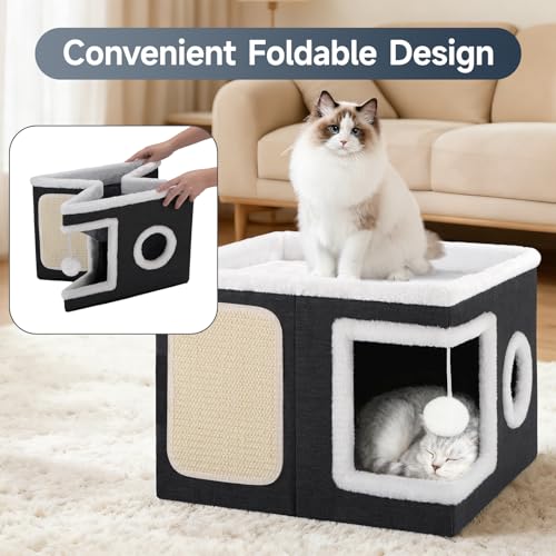 Shikha Cat House Bed for Indoor Cats with Fluffy Ball and Scratch Pad Black - color: Black, size: Large