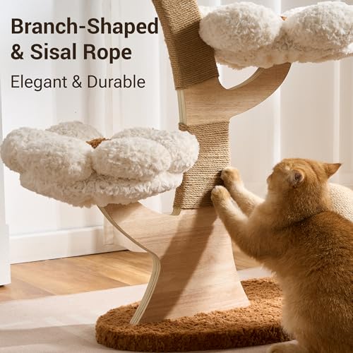 Aesthetic Flower Cat Tree Tower with Scratching Post for Indoor Cats, 37" H Modern Cat Tree with Wood Sculpted Branch, Flower Cat Beds, Mushroom Scratcher & Interactive Squeaky Toy, White - color: 37"-Mushroom-Creamy White