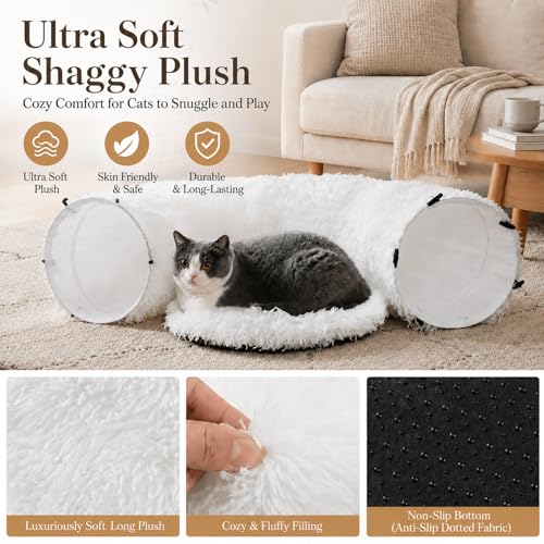 Feather Fluffy Plush Cat Tunnel Bed Big Tube Playground Toys 3 FT Diameter Longer Collapsible, for Indoor Cat Kitty Kitten Puppy Rabbit Ferret Snow White