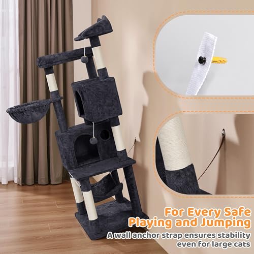 Yaheetech 64.5in Cat Tree for Large Cats with 2 Condos, 2 Perches - color: Black, size: 64.5in