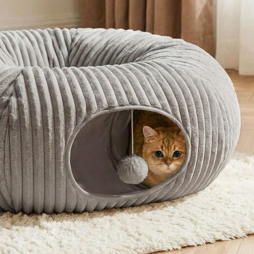 Cat Tunnel Bed for Indoor Cats, Peekaboo Cat Cave Bed, Grey - color: Grey