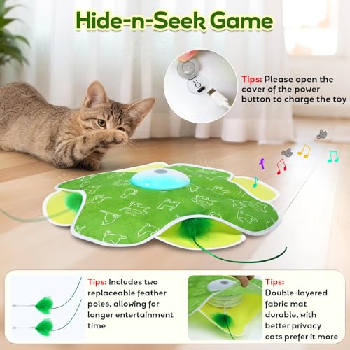 Saolife Interactive Cat Toys with Moving Feather Concealed in Mat, Rechargeable Cat Exercise Toys for Bored Cats with Motion Activated, Mouse Squeaky (Green)