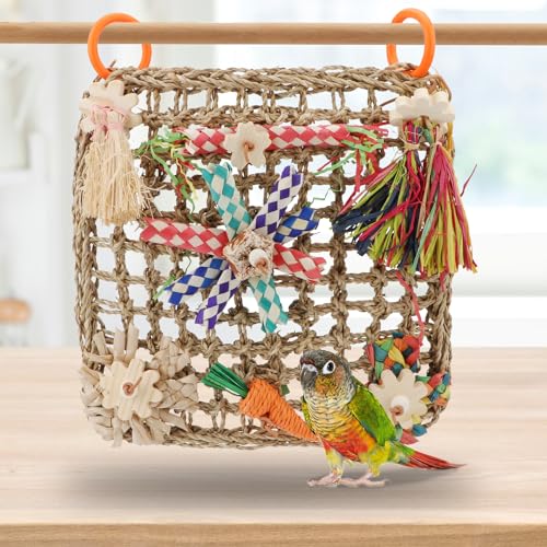 Hypeety Bird Toys Parrot Foraging Toys Bird Chew Toys Parakeet Shredding Seagrass Climbing Mat with Various Toys for Conure, Cockatiel, Lovebird, Parakeet, Budgie (L(Carrot)) - color: L(Carrot)