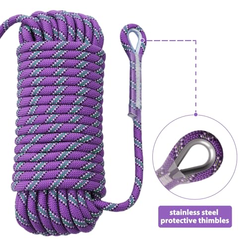 Static Climbing Rope - 12mm High Strength Arborist Rope 32FT for Outdoor Rappelling, Swing, Rigging, Tree Work, Camping - Purple - color: Purple, size: 32FT