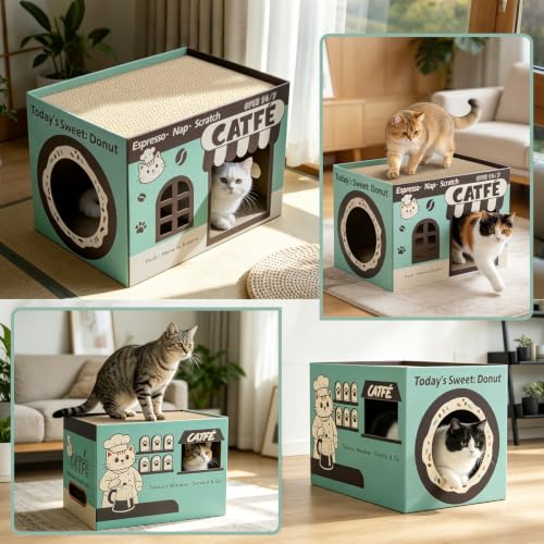 Cardboard Cat Scratcher House, Corrugated Scratching Pad with 2 Pads, Green - size: New-Green