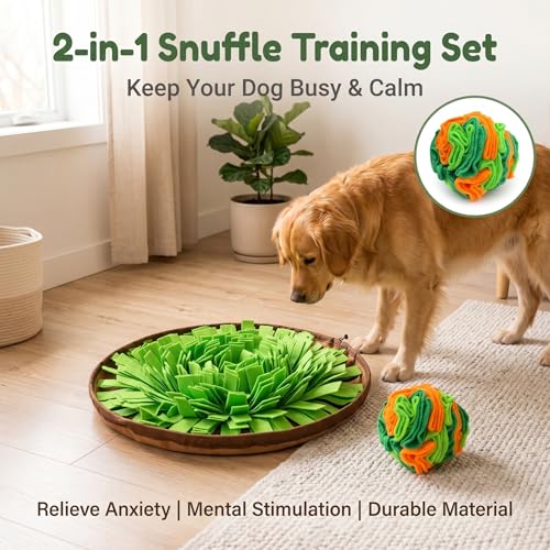 Dog Snuffle Mat & Ball Set – Dog Interactive Feeding Training Kit Snuffle mat for Dogs – Natural Foraging, Boredom Relief, Slow Feeder – Indoor/Outdoor Nose Work – Snuffle mat for Small to Large Dogs