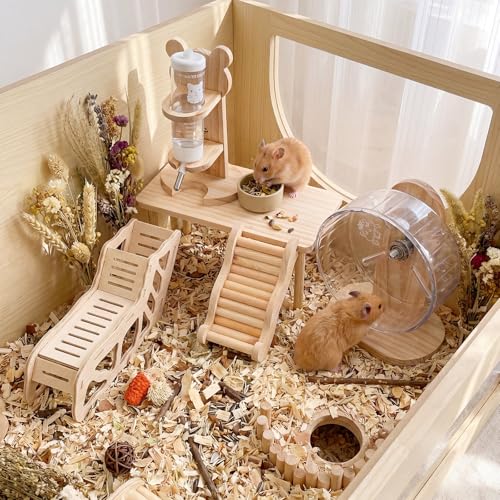 Novabright 5 Pcs Hamster Cage Accessories, Wooden Hideout Ladder Wheels - style: Cozy Hideout Set