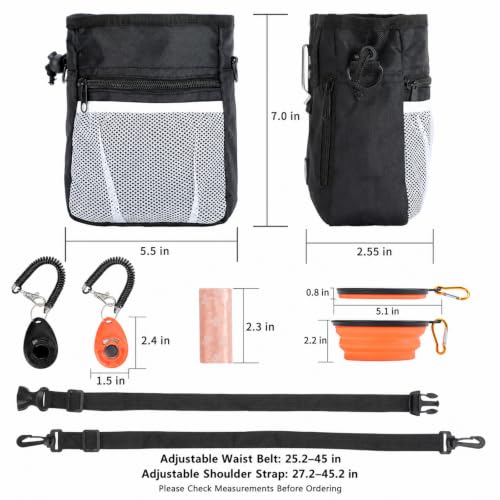 Dog Treat Pouch for Pet Training Kit, 3-Way Wear Bag with 2 Clickers & Bowl - color: Black