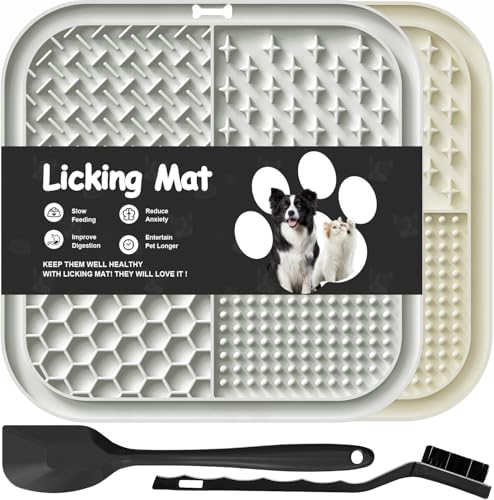 2 PCS Licking Mat for Dogs & Cats with Suction Cups, Dog Slow Feeder Lick Pat for Anxiety Relief, Dog Toys Feeding Mat for Butter Yogurt Peanut, Pets Bathing Grooming Training Mat (7.9''*7.9'') - color: Grey&Beige Square