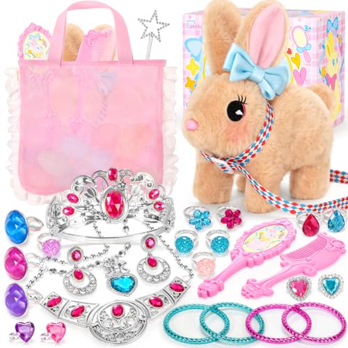 CatchCute Interactive Hopping Bunny Plush with Princess Jewelry Set