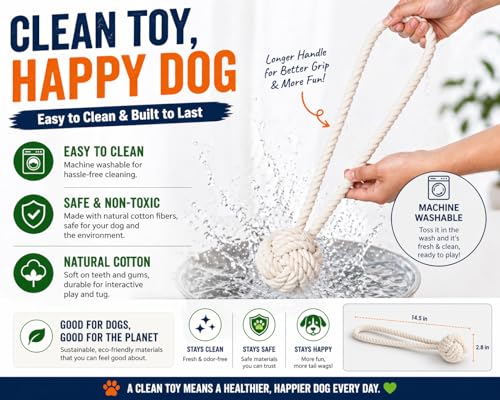 Dog Rope Toy with Ball, 20-Inch Overall Length with 4-Inch Rope Ball for Medium and Large Dogs, Strong and Durable Washable Cotton Tug Toy for Indoor and Outdoor Play, Tug-of-War and Fetch, White