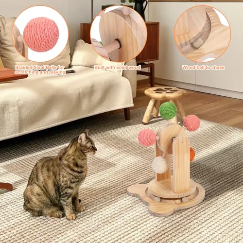 Cat Toy Ball Track,2-in-1 Interactive Cat Toy for Indoor Cats,Natural Sisal Ball with Solid Wooden Base,Spinning Ball Cats Scratcher Toy