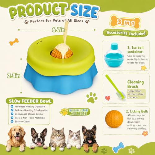 Dog Licking Bowl with Rolling Ball for Liquid Treats, Anti Slip Slow Feeder Dog Bowls with Ice Ball Mold & Clean Brush, Enrichment Puzzle Toy for Small and Medium Dogs