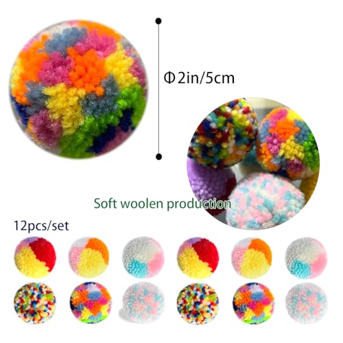 Assorted Color Cat Ball Toys, Woolen Yarn Puffs Pom Balls Interactive Kitten Chasing Toys Cat Chase Balls (12Pcs) - color: 12Pcs