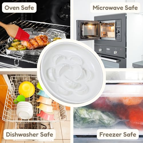 Ceramic Cat Slow Feeder Bowl Set, 2 Pcs Dumpling Shape Cat Food Plates, 6.2" W Wide Shallow Whisker Friendly Slow Feeding Cat Bowls for Dry Food, Wet Food & Treats, Dishwasher Safe, White - color: White + White