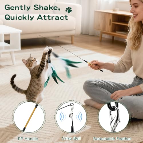 Pawaboo Cat Feather Wand Interactive Toy, 2 Feathers + 1 Wand with Bell - color: White & Green