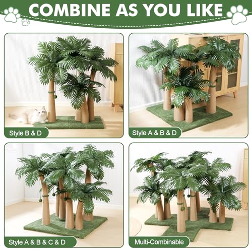 Palm Tree Cat Scratching Post, 36'' Cat Scratcher Post with Natural Sisal Rope, 3 Interactive Balls and Curved Design Scratching Posts for Indoor Cats Adults and Kittens, Multi-Combinable (Style B) - size: Style B
