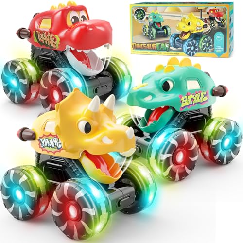 Intoypad 3 Pack Dinosaur Monster Truck Car Toys Light-Up Press & Go Toy Car - color: 3 Pack