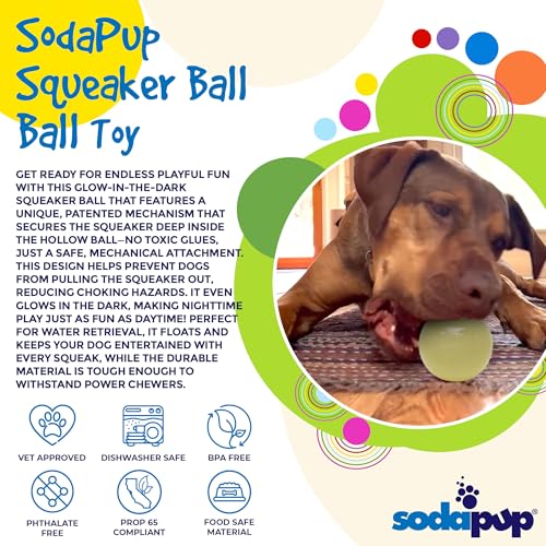 SodaPup Squeaker Ball – Durable Dog Ball Toy, Chew Toy & Floating Retrieving Toy with Squeaker Made in USA from Non-Toxic, Pet-Safe, Food Safe Rubber Material for Bonding, Physical Exercise, & More - color: Glow in the Dark Ball, size: Large
