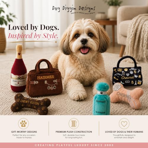 Dog Diggin Designs Chewnel Plush Dog Toy Purse | Luxury-Inspired Parody Designer Handbag with Squeaker, Soft Plush Fashion Dog Toy – Haute Couture Purses & Handbags - color: Pink Purse, size: One Size