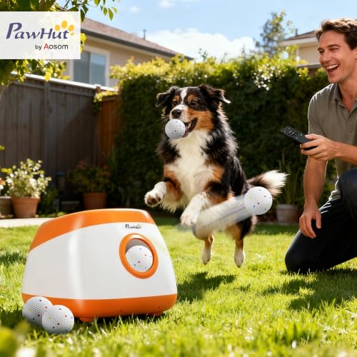 PawHut Automatic Dog Ball Launcher, Rechargeable Dog Ball Thrower with Remote Control, 3 Adjustable Distance (40ft/60ft/80ft), 6 ETPU Tennis Fetch Toys 2.5", Low Noise, for Medium Large Breeds, Orange - color: Orange
