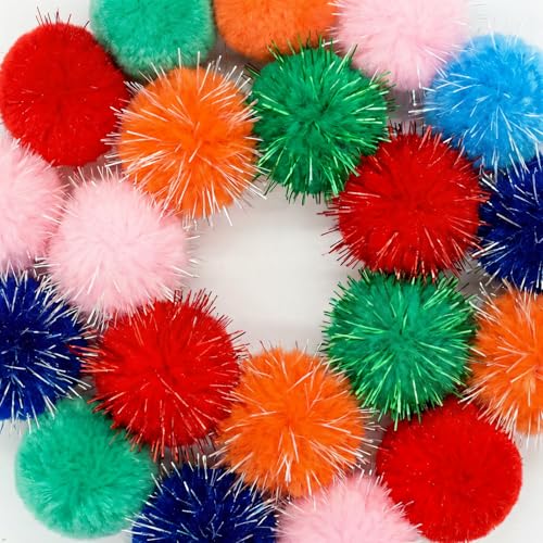 14-Pack Cat Toys Balls - No Bells Quiet Interactive Toys, Soft Pom Poms & Sparkle Balls for Kittens & Adult Cats, Safe for Batting Chasing (7 Sparkle Fuzzy Balls+ 7 Yarn Balls)