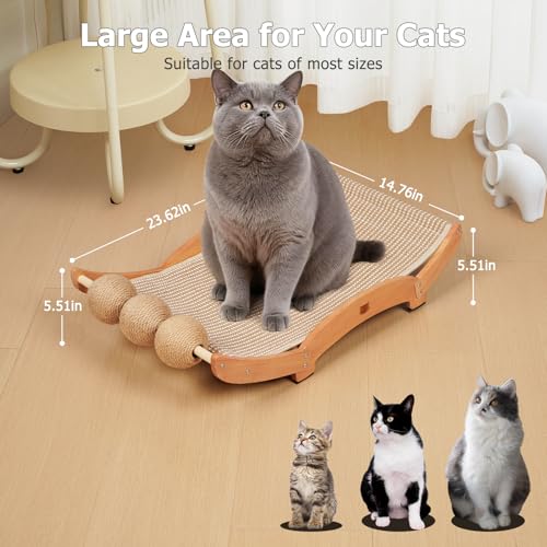 3 in 1 Sisal Cat Scratcher Bed, Solid Pine Cat Scratcher with Balls (Wood) - color: Wood, size: Large