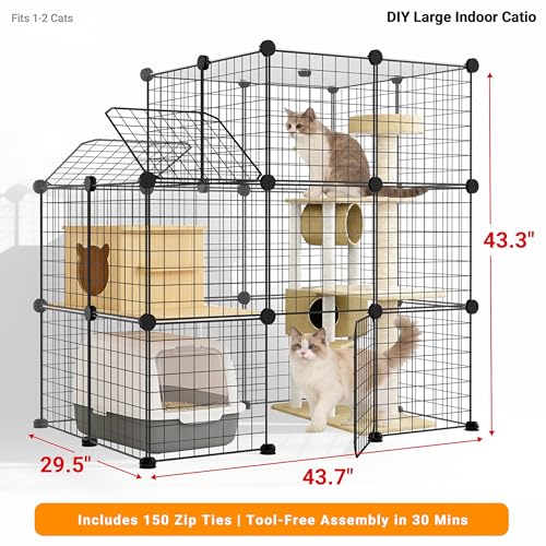 3-Tier DIY Indoor Cat Cage with Skylight, Accommodates Multiple Pets; Foldable Large Cat Cage Enclosure (with Litter Box Area); 43.7-Inch Metal Wire Cat Bed Habitat