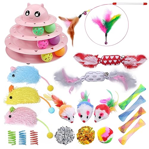 UPSKY 24 PCS Cat Toys Set with Teaser, Mice, Spring, and Various Ball Toys - color: D-Pink