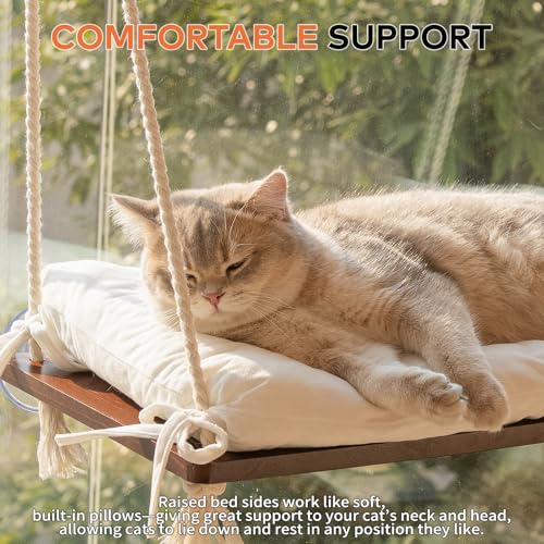 CHEERPALS Cat Window Perch for Indoor Cats, Wooden Cat Bed for Window with Washable Cushion, Hanging Kitty Hammock Suitable for Small-to-Large Cats