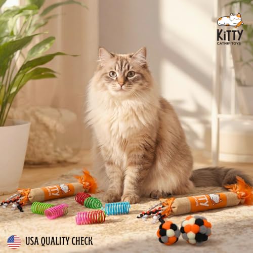 Kruncher Set, 34 to 44 Piece Interactive Cat Toy, Variety Pack Includes 2 Burlap Crinkle Kicker Toys with Feathers 30 Durable Cat Springs and 2 Soft Plush Pom Poms for Indoor Cats.
