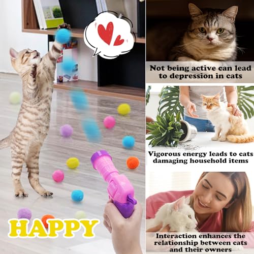 Andiker Cat Toy Balls Set, 30pcs Plush Cat Pom Pom Balls&a Plastic Launcher Set for Kitten Catch&Fetch Interactive Cat Toy with Colorful&Soft Cat Balls for Indoor Cats to Keep Fit (Pink 30pcs) - style: Pink 30pcs