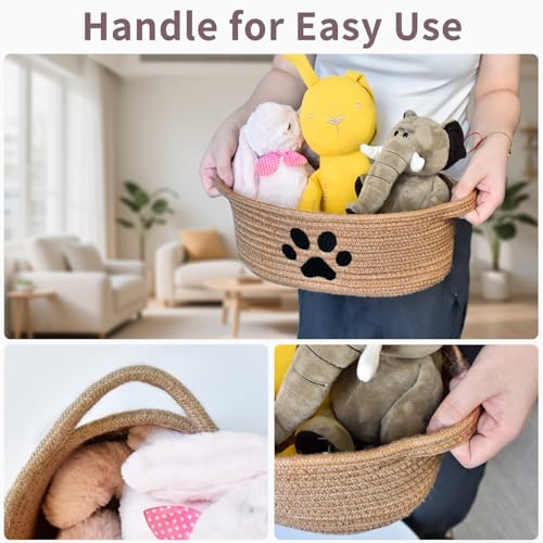 Small Woven Dog Toy Basket with Handle, Cute Paw - color: jute