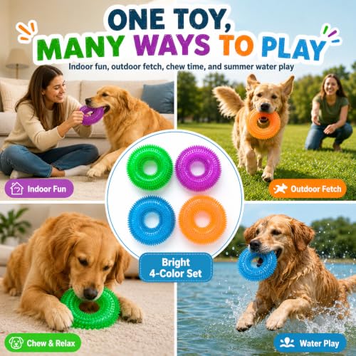 Dog Chew Toys for Aggressive Chewers, Squeaky Floating Donut Rings, 4 Pack - color: 4 Colors
