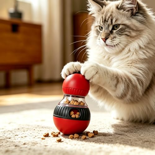 Cat Treat Dispensing Toy Kitten Puzzle Feeder & Food Dispenser Ball - Cat Enrichment Toys for Indoor Cats Kitty Stimulating Tous - Red